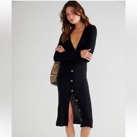 Free People Black Long Sleeve Button Dress - Picture 1 of 6